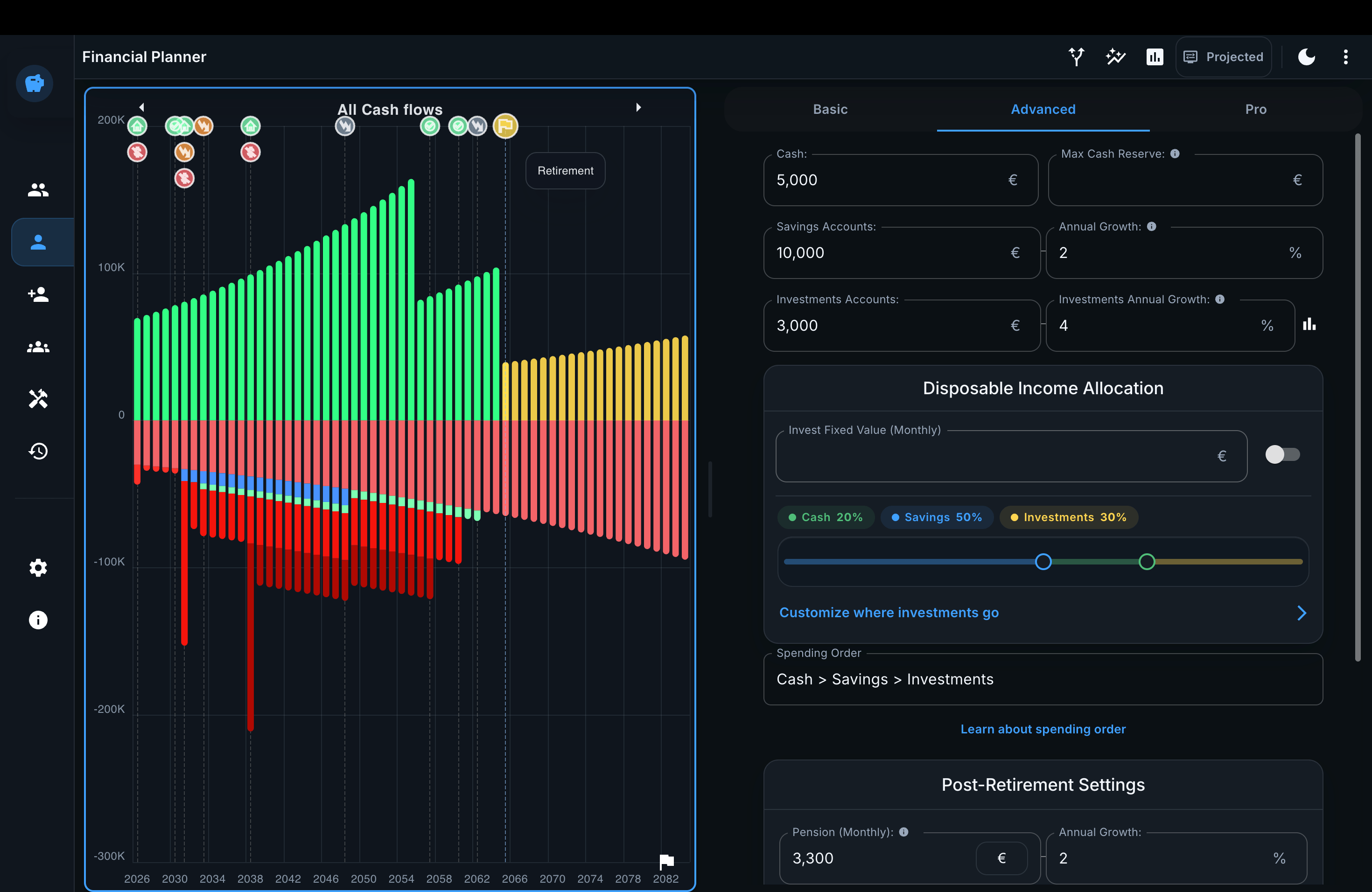 Prosper financial planner web app showing long-term simulation workspace on desktop